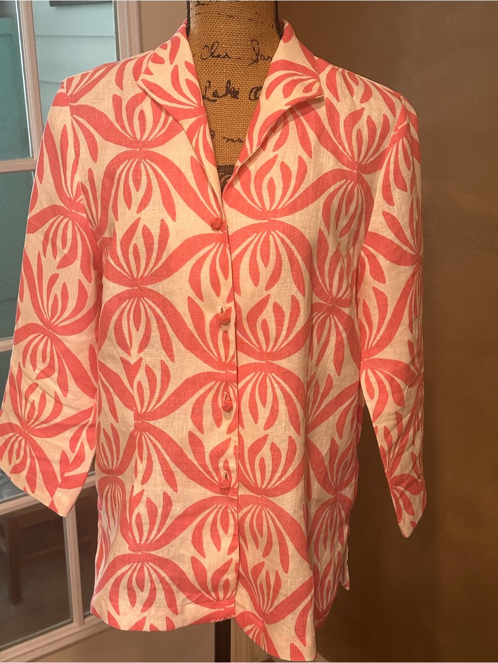 Connie Roberson size Large Rita Linen Tunic Jacket Coral Pink Maze Print!